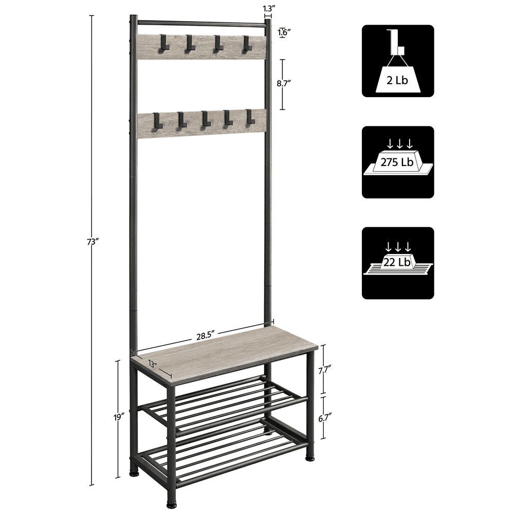 73" Metal Hall Tree W/ Shoe Storage Bench Rustic Gray