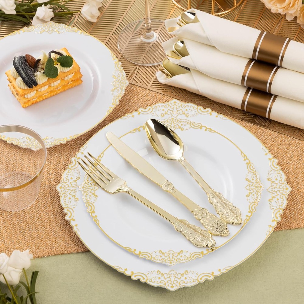 100-piece gold plastic tableware set