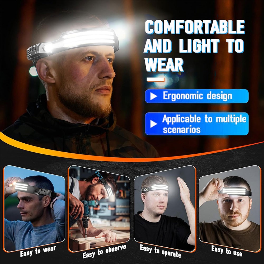 USB Charging Head Torch Sensor Motion COB LED Headlamp Waterproof Night Light US