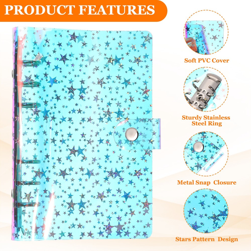 A6 Binder Cover, 2 Pcs Stars Refillable Notebook Shell with Snap Button, Laser