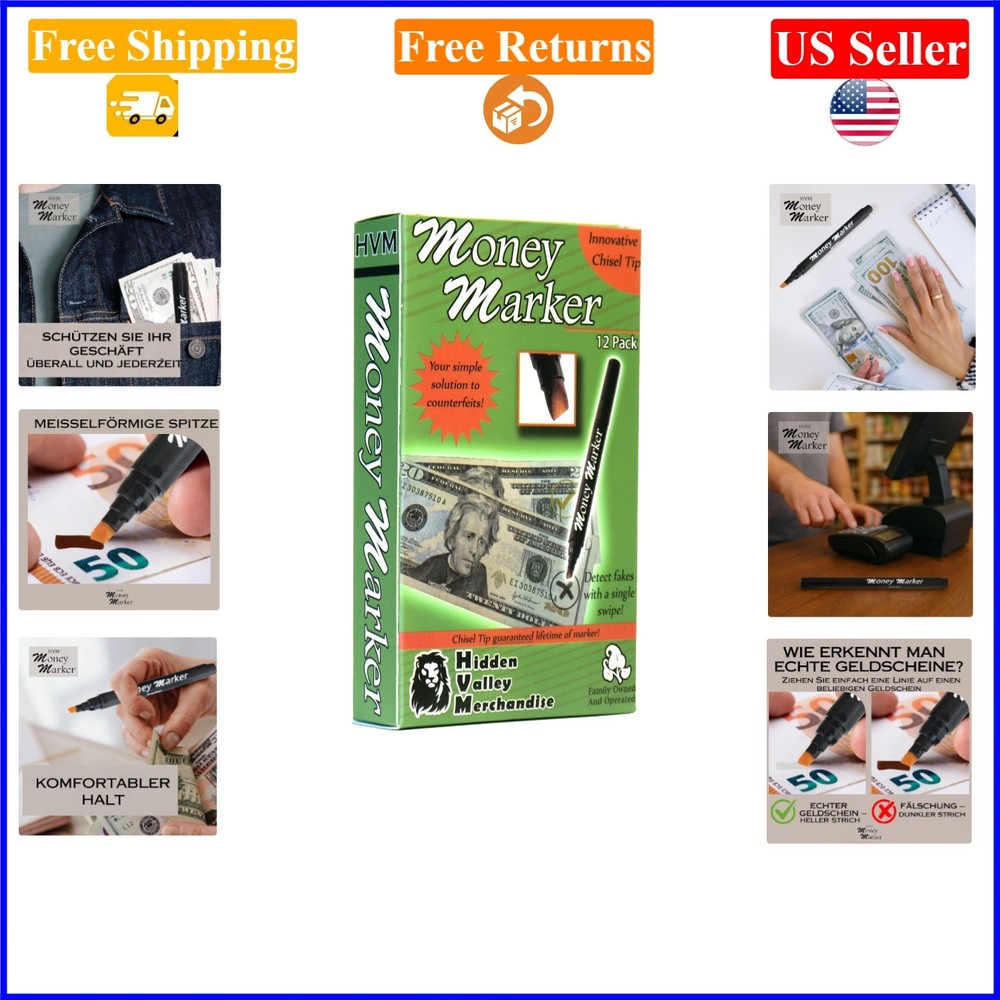 12 Black Counterfeit Money Detector Pens with Chisel Tip