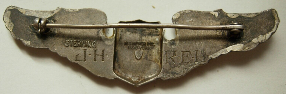 WW2 AAF Large Shield Sterling Pilot Wing - NS Meyer Engraved Reverse PB XB