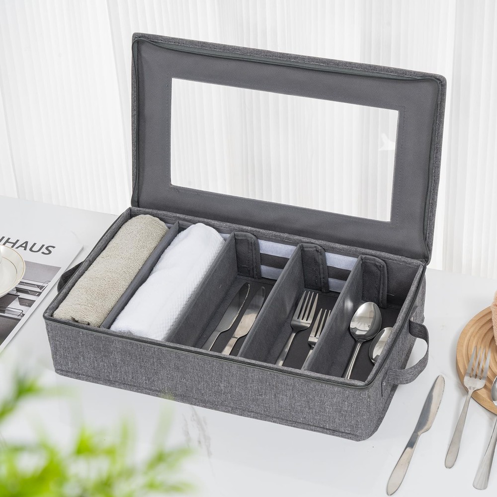 Flatware Utensil Storage Case, Silverware Storage Box Chest with Adjustable D...