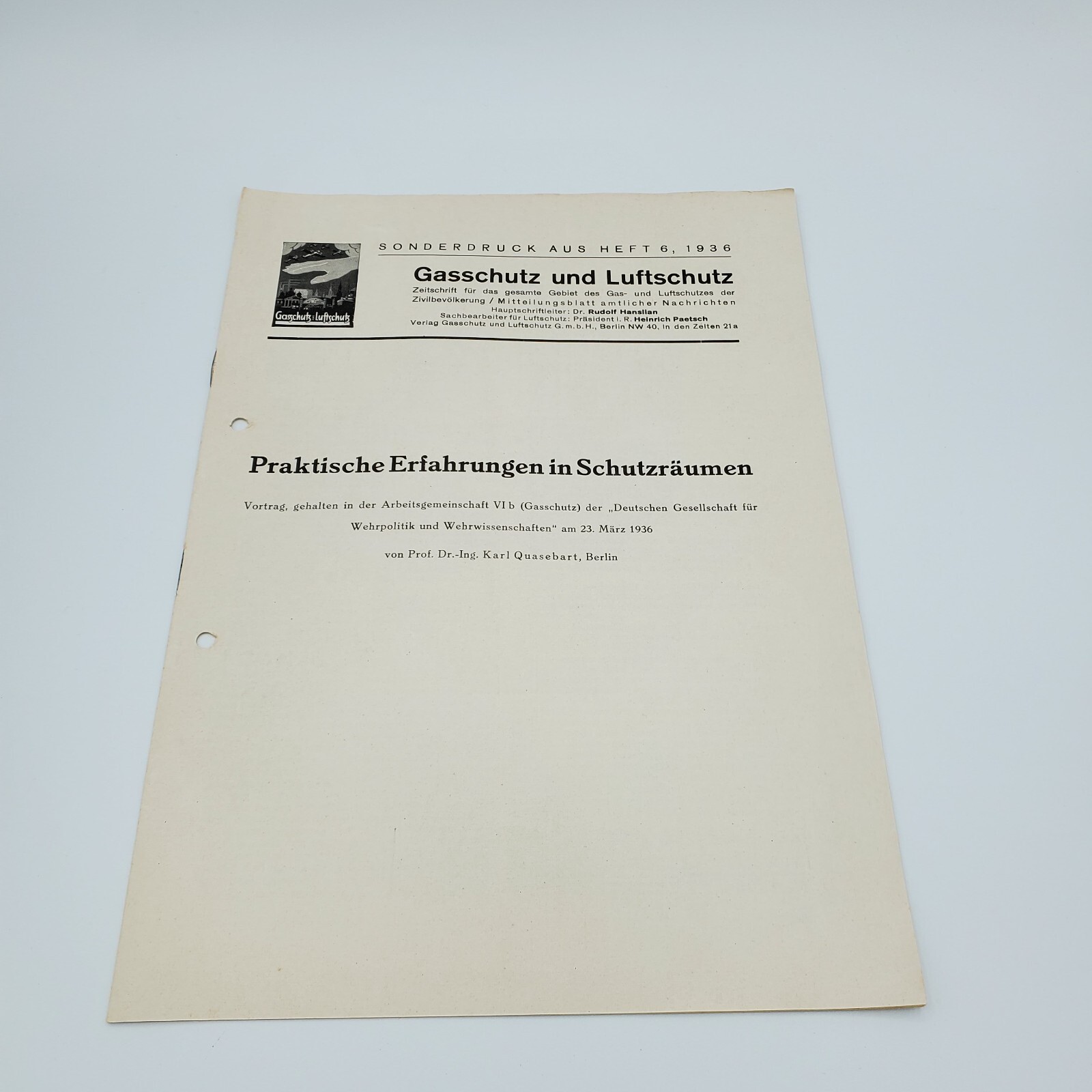 1936 German Luftschutz Gasschutz Air Raid Shelter Sonderdruck Quasebart WW2 Gas