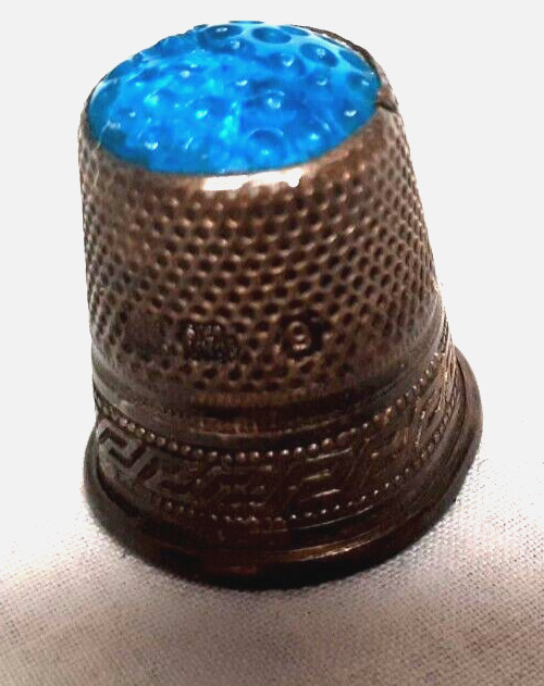 Vintage Solid Silver BLUE CROWN STONE TOP THIMBLE Germany Size 9 Chasing Scrolls