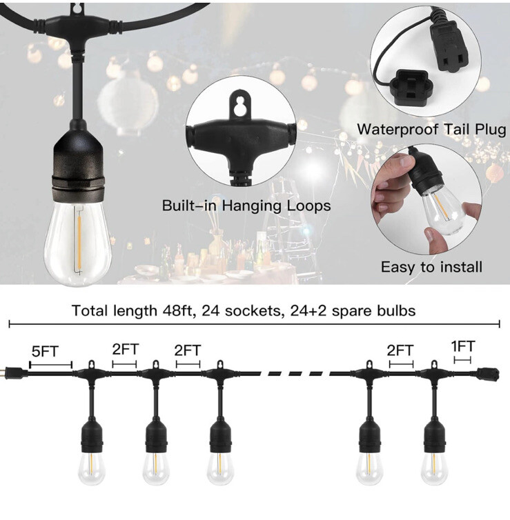 48FT LED Outdoor String Lights Shatterproof Bulbs Commercial Patio Party Garden