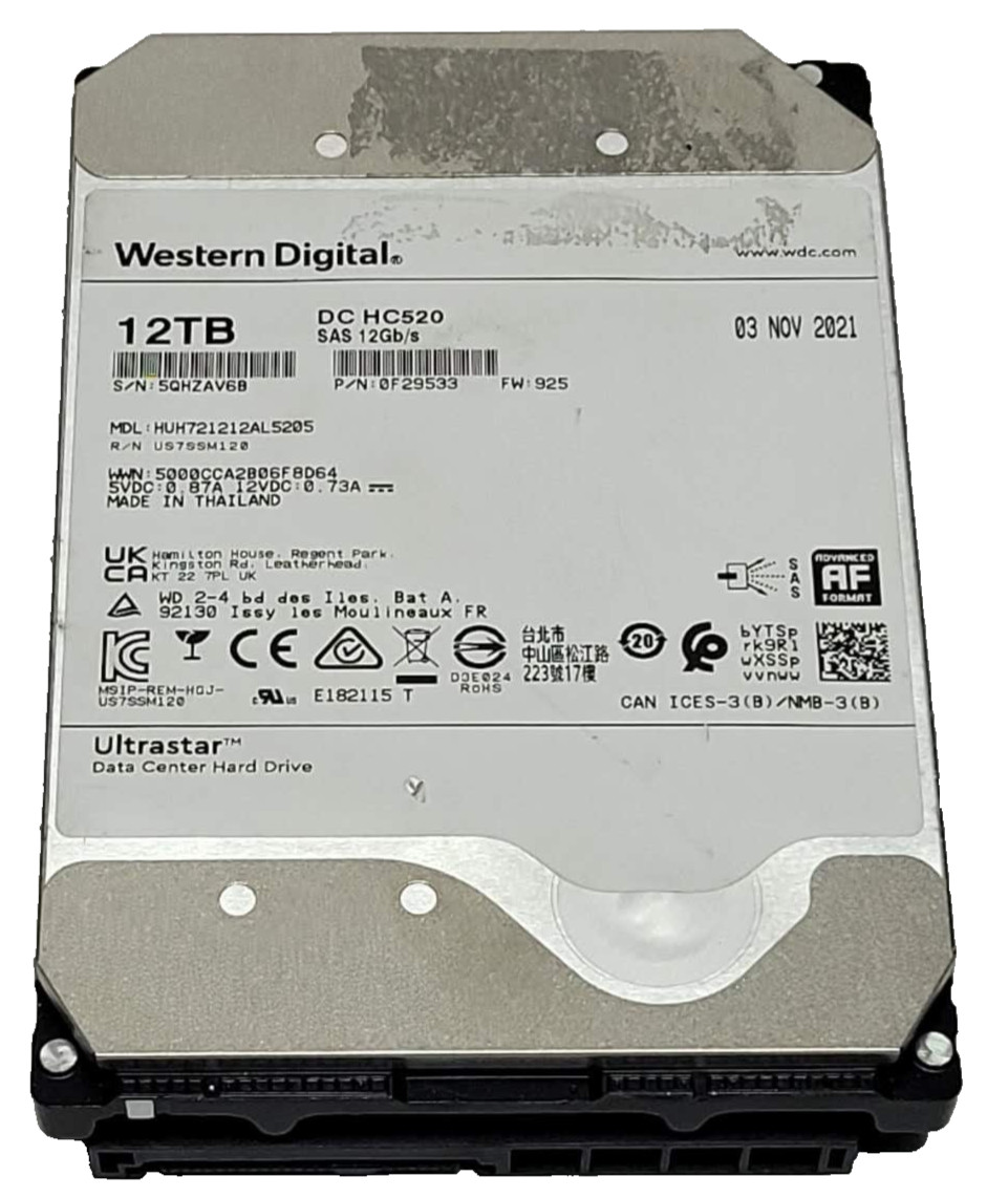 Western Digital Ultrastar 12TB DC HC520 3.5" 7200RPM SAS HDD 0F29533 100% HEALTH