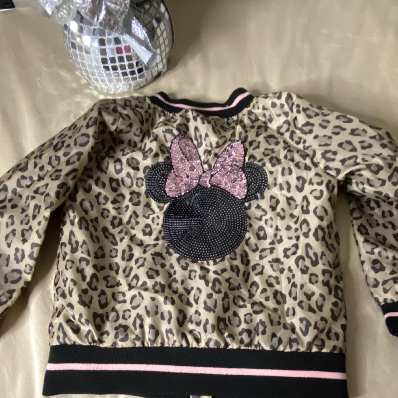 Disney Minnie Mouse Girls Tan Animal Print Bomber Jacket 4T Full Zip
