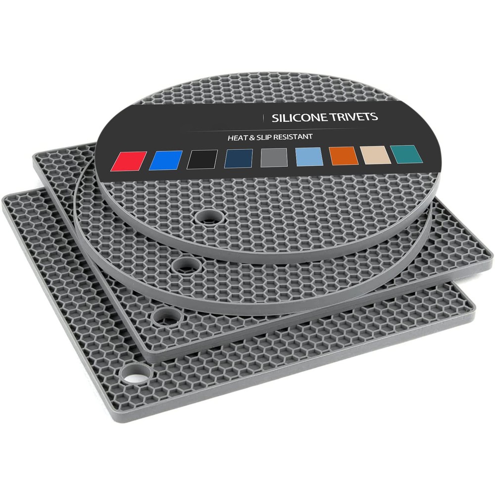 Non Slip Silicone Trivet, Hot Dish Pad, Countertop Protector, Compact, Grey