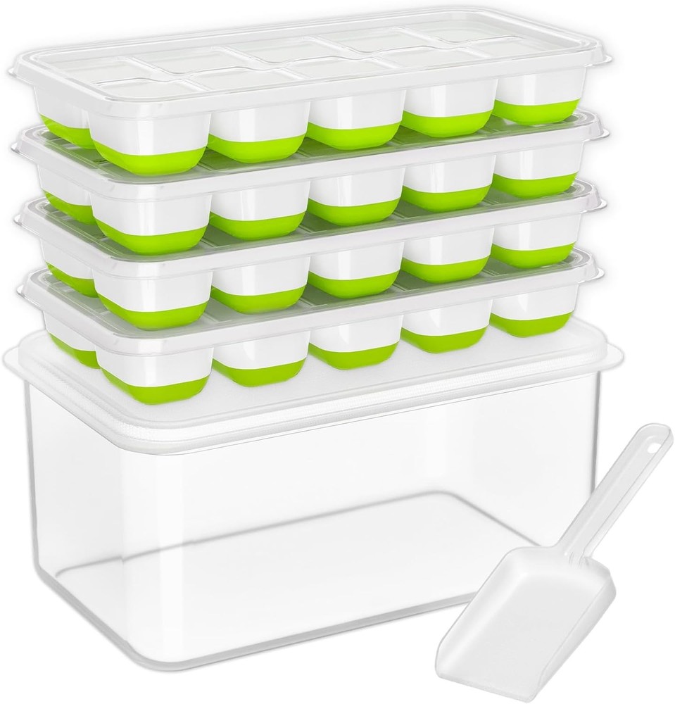 Stackable Ice Cube Tray Set with Lid and Bin - 4 Pack Silicone Trays, Storage