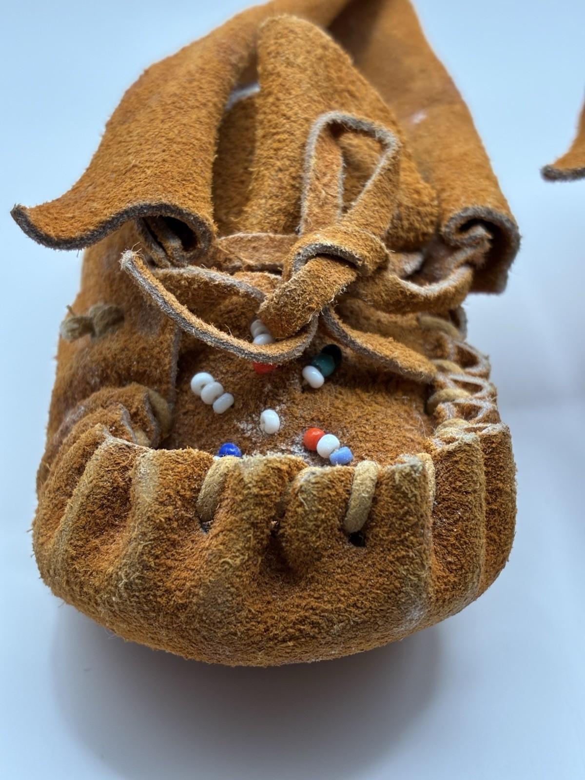 Antique 1960s–70s Handmade Suede Leather Beaded Moccasins Baby Toddler