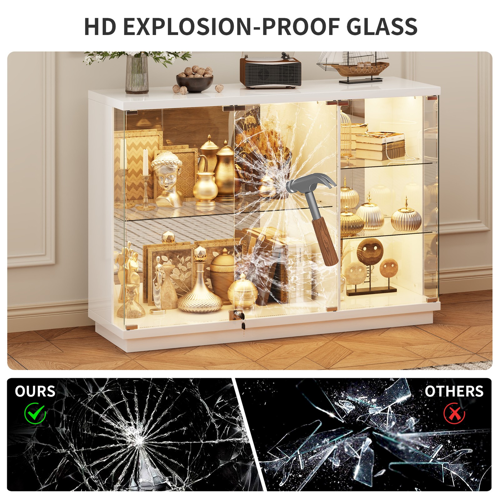 Gurexl Glass Display Cabinet with Lock, Display Cases with 3-Color LED Lights