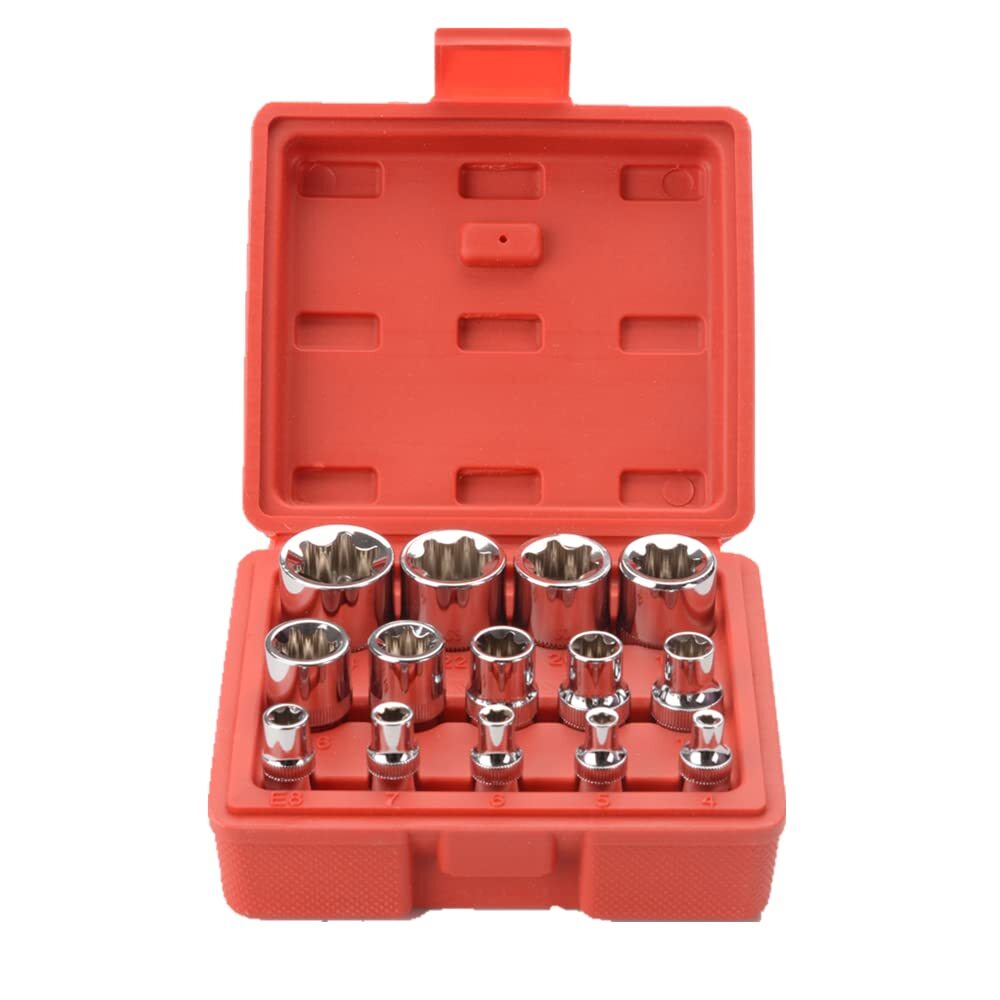 14 Pieces Female Etorx Star Socket Set E4 E24 Torque Socket Set 1/4" 3/8" 1/2" D