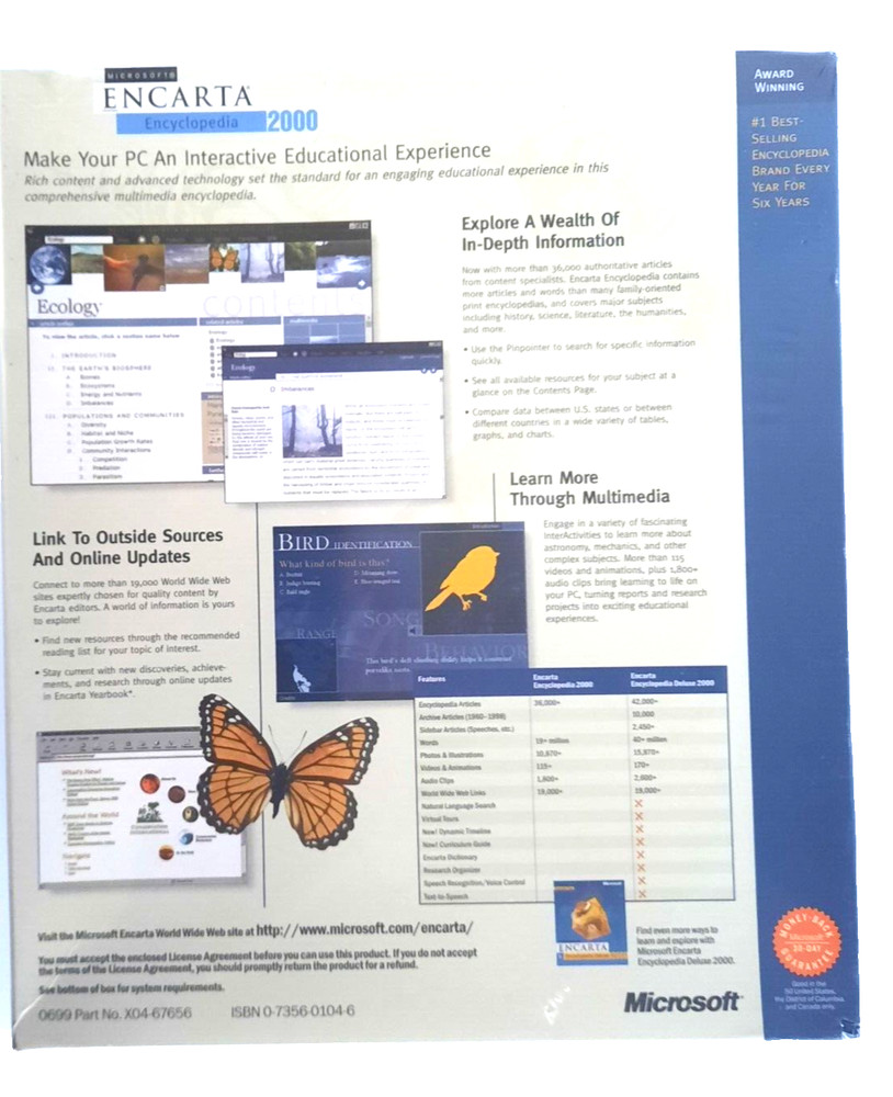 Vintage MICROSOFT Encarta ENCYCLOPEDIA 2000 Windows PC CD ~ Big Box ~ NOS NRFB