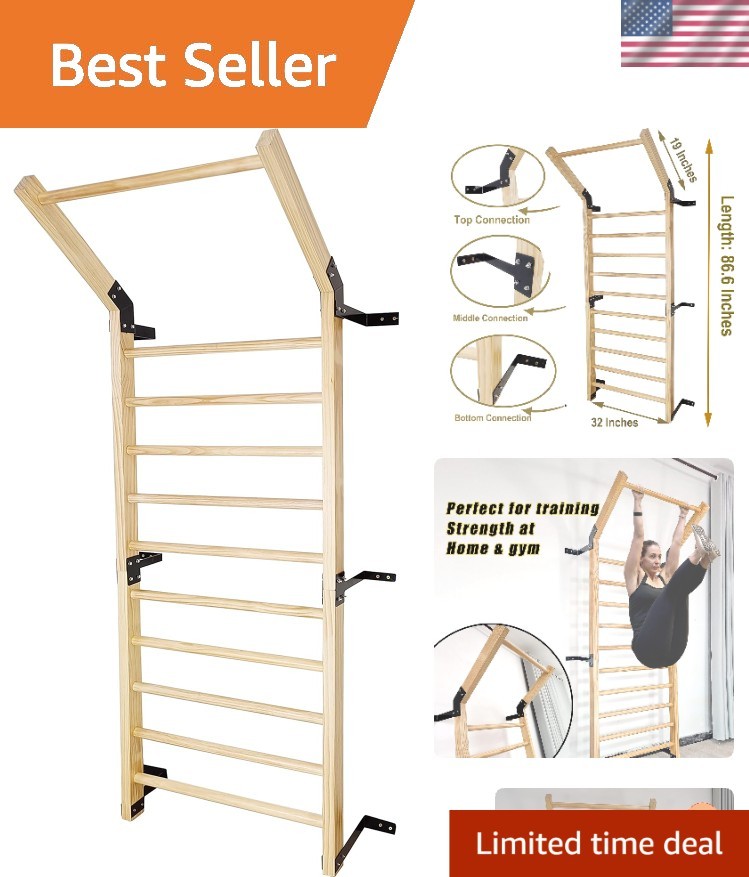 Swedish Ladder,Gymnastics Stall Bar, Wall Mounted Pull Up Bar- Solid Wood Wit...