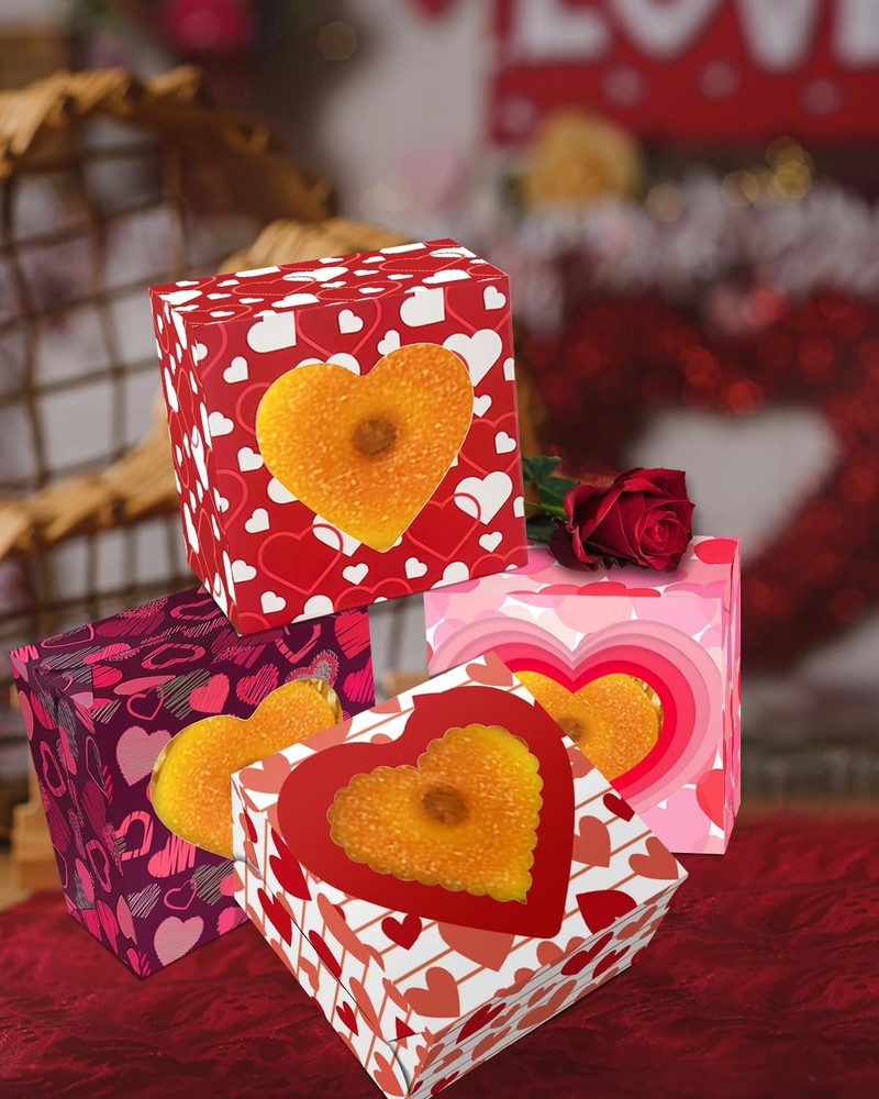 60 PCS Valentine Cookie Boxes 4x4x2.5 Inch Macaroon Bakery Boxes Window