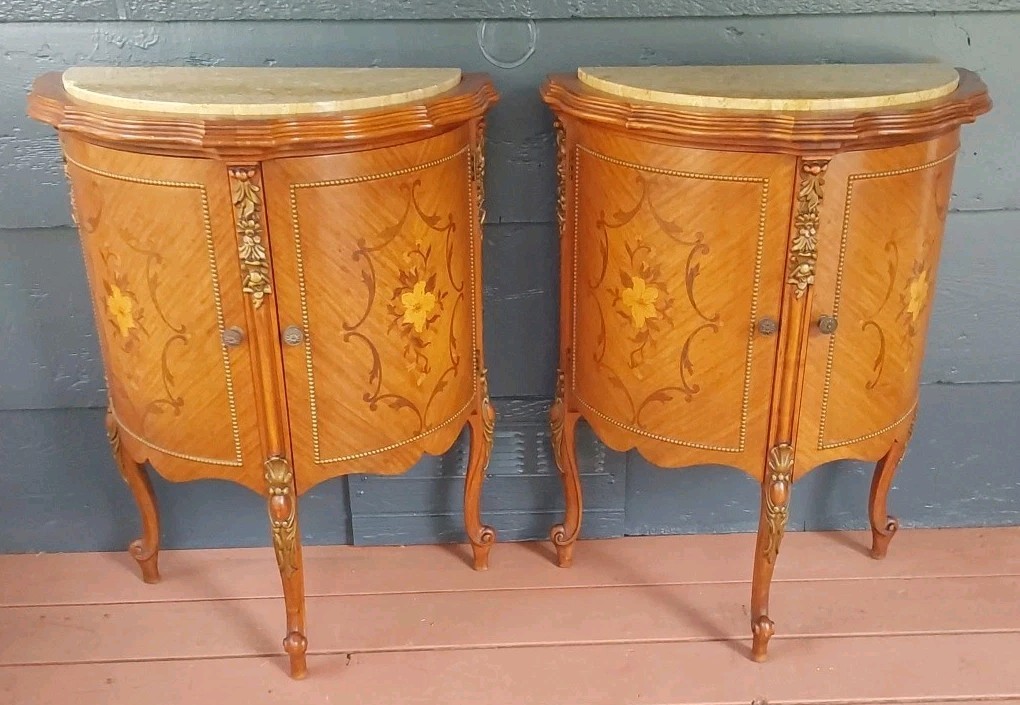 Vintage French Demilune Inlayed Wood End Tables w/Marble Tops 30 Tall X 23" Wide