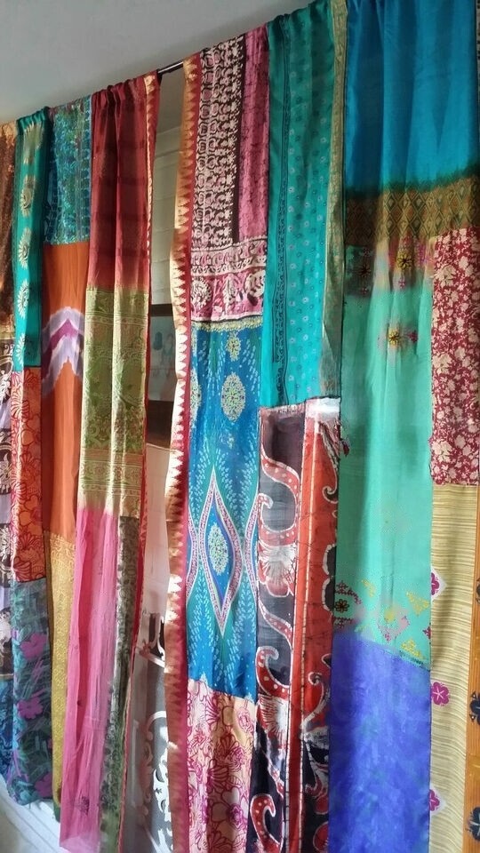 2 Pcs Indian Sari Patchwork Curtain Drape Window Decor Multi Silk Sari Curtain