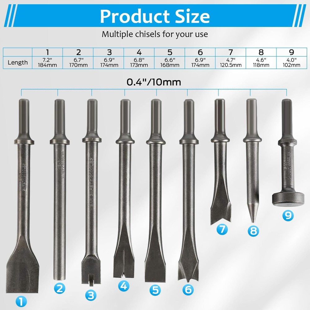 BTSHUB Air Hammer Chisel Set 9pcs Pneumatic Medium to Large