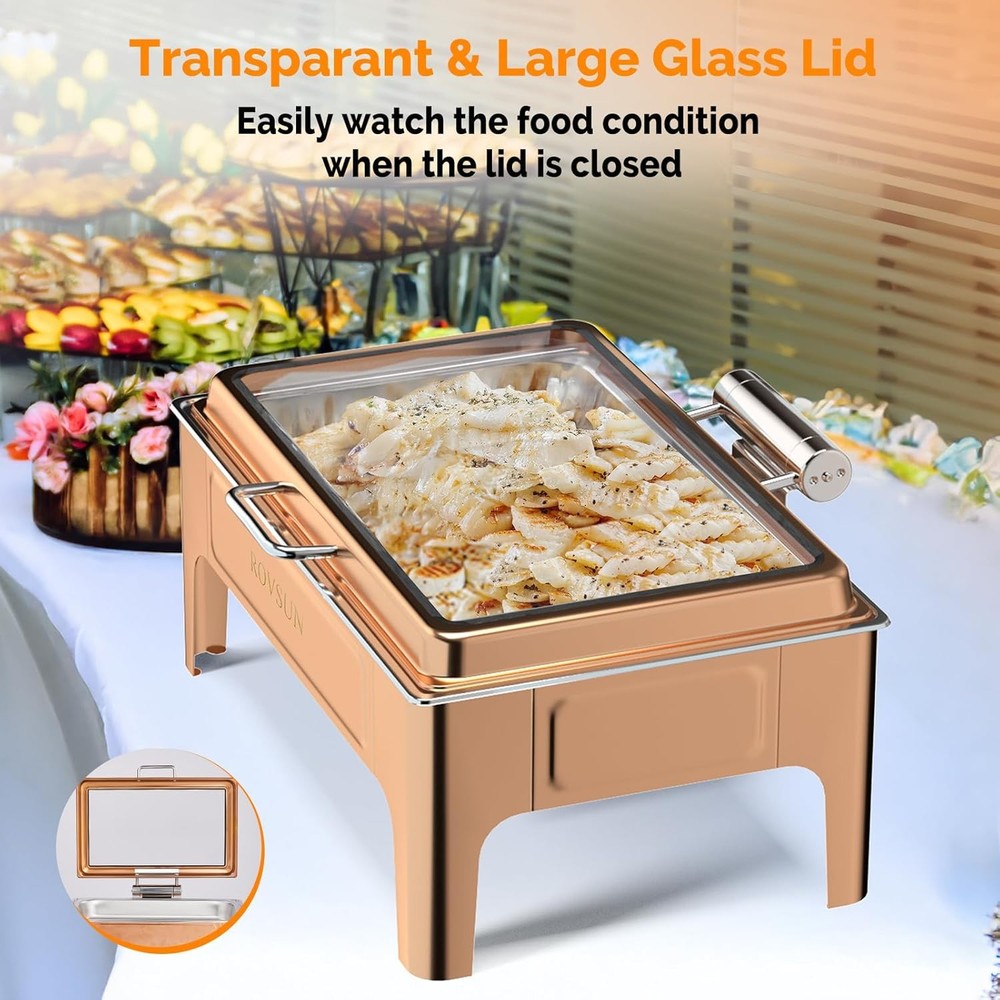 Chafing Dish 9QT, Rectangular Buffet Warmer Set with Glass Lid & Serving Tong
