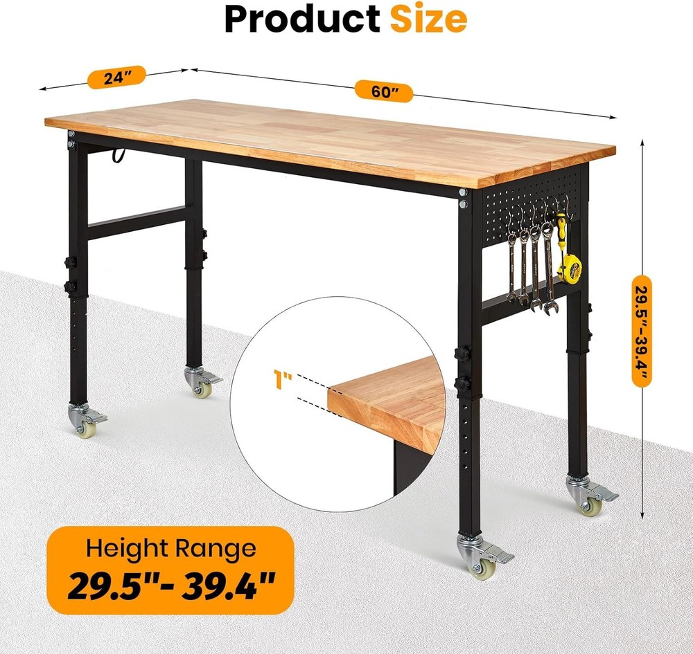 60'' Adjustable Workbench with Power Outlet Heavy Duty Work Table for Workshop