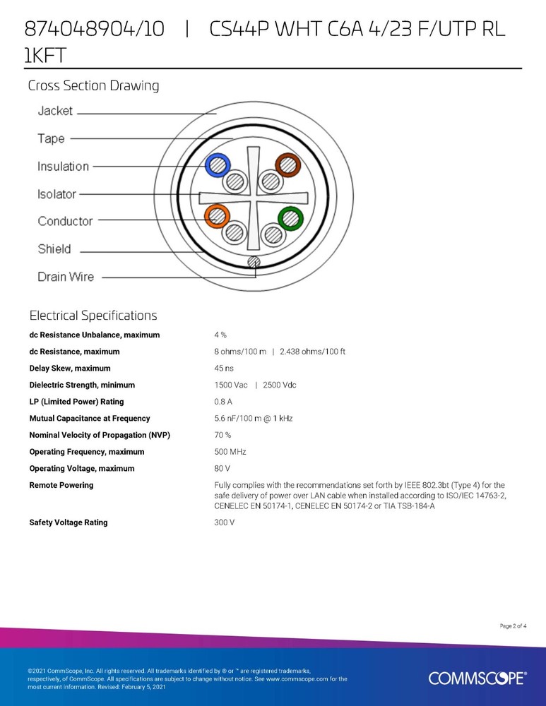 Commscope CS44P Cat6A F/UTP Shielded Network Ethernet 10G Cable CMP White /50ft