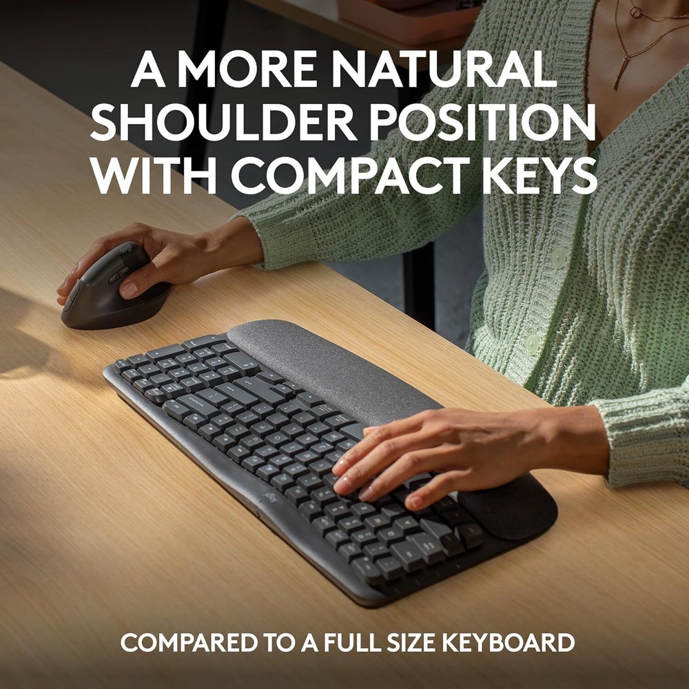 Logitech Wave Keys Wireless Ergonomic Keyboard with Cushioned Palm Rest Graphite
