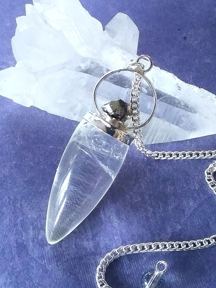 PYRITE CRYSTAL PENDULUM, Raw Pyrite Dowsing Pendulum With Crystal Point