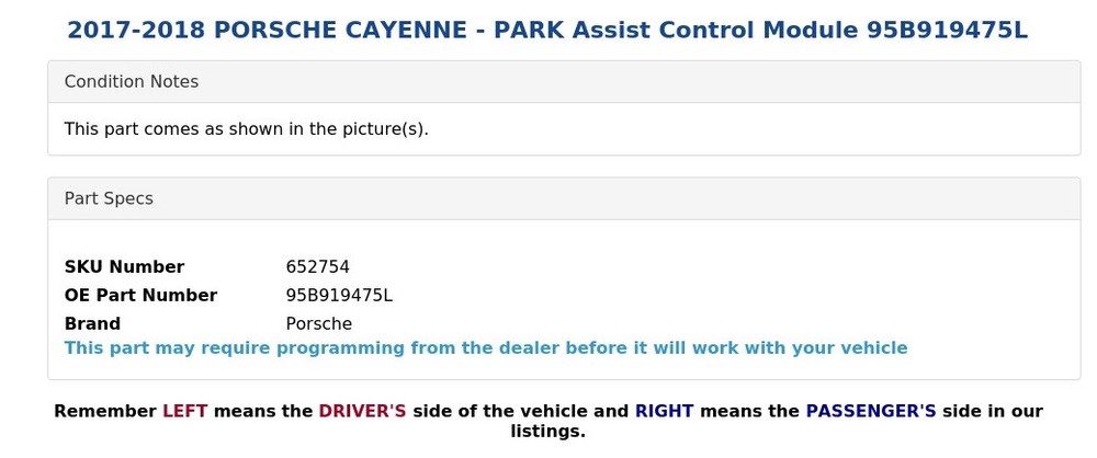 2017-2018 PORSCHE CAYENNE - PARK Assist Control Module 95B919475L