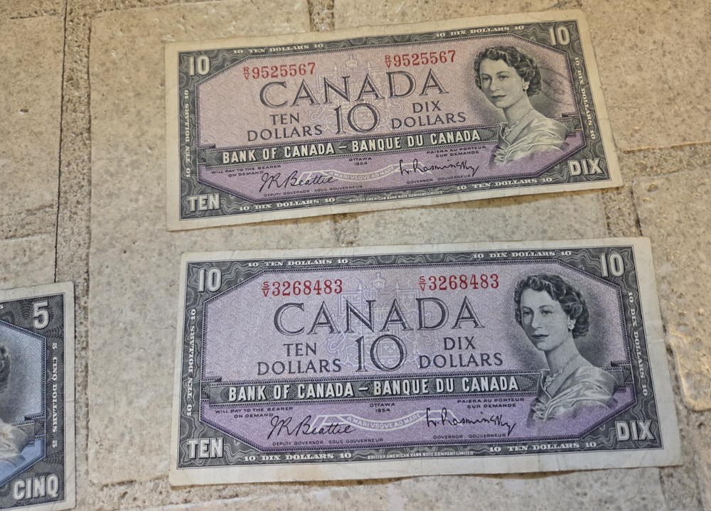 Canada 1954 Banknotes $50 Face Value- Circulated ($5 & $10 notes)