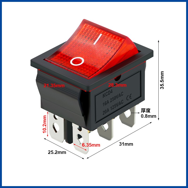 KCD4 2 Position Rectangular Rocker Switch 4 Pin 6 Pin 250VAC 16A Latching ON/OFF