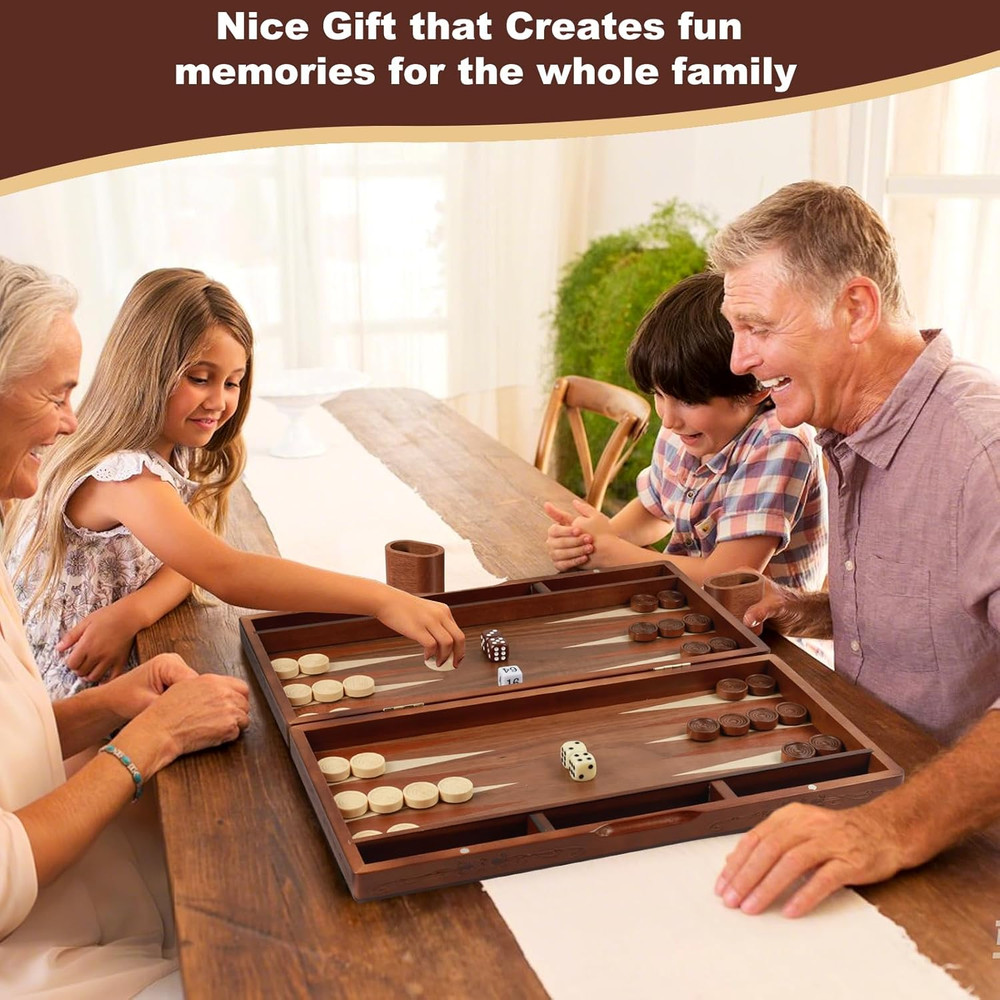 Handcrafted Wooden Backgammon Set, 16" Large Size, Classic Two-Player Strategy B