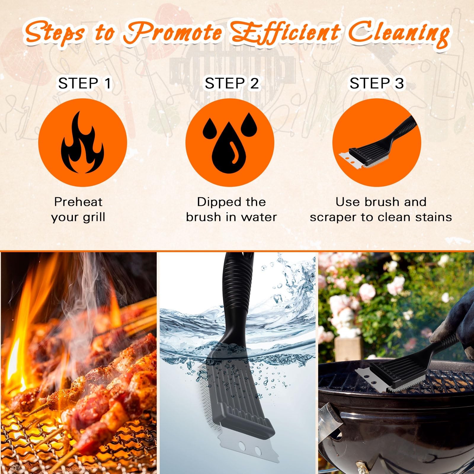 Stainless Steel BBQ Grill Brush and Scraper Set for Outdoor Grill