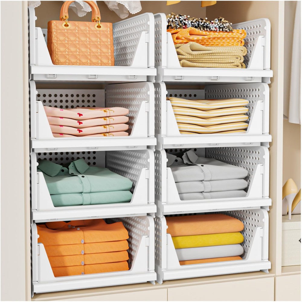 SNSLXH 5 Pack Stackable Closet Storage Basket, Multifunctional 5 Pack, White