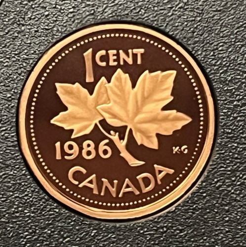 CANADA 1986 Uncirculated PROOF Maple Leaf 1 One Small Cent plucked from Mint Set