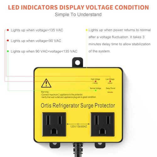Refrigerator Surge Protector, Double Outlet Voltage Protector for 5FT Yellow