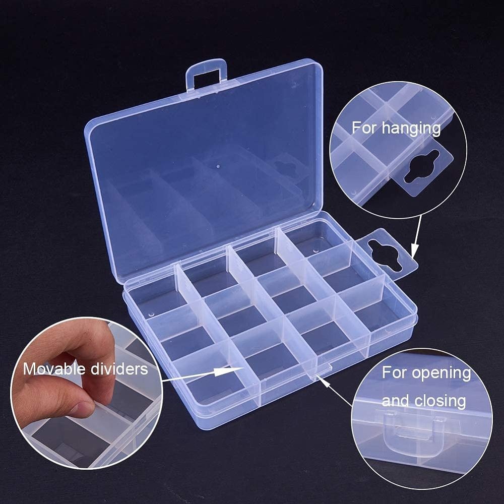 1set Plastic Bead Storage Containers Stationary 12 Compartments Rectangle Clear