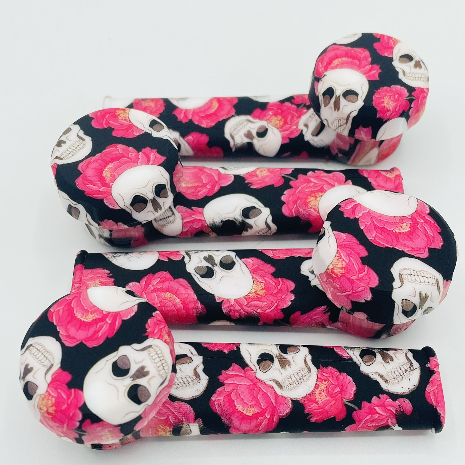 Silicone Smoking Pipe with Glass Bowl & Cap Lid | Skulls And Flowers | USA