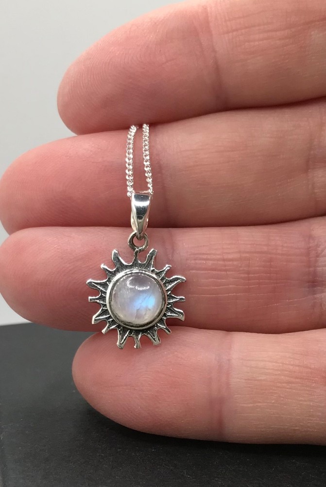 Rainbow moonstone pendant earrings set, solid Sterling silver, sun, gift box.