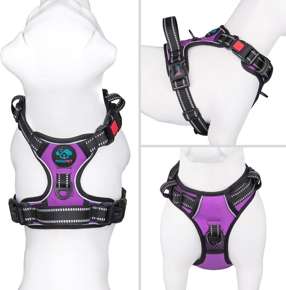 No Pull Dog Harness Medium Reflective Adjustable Vest with Handle Purple