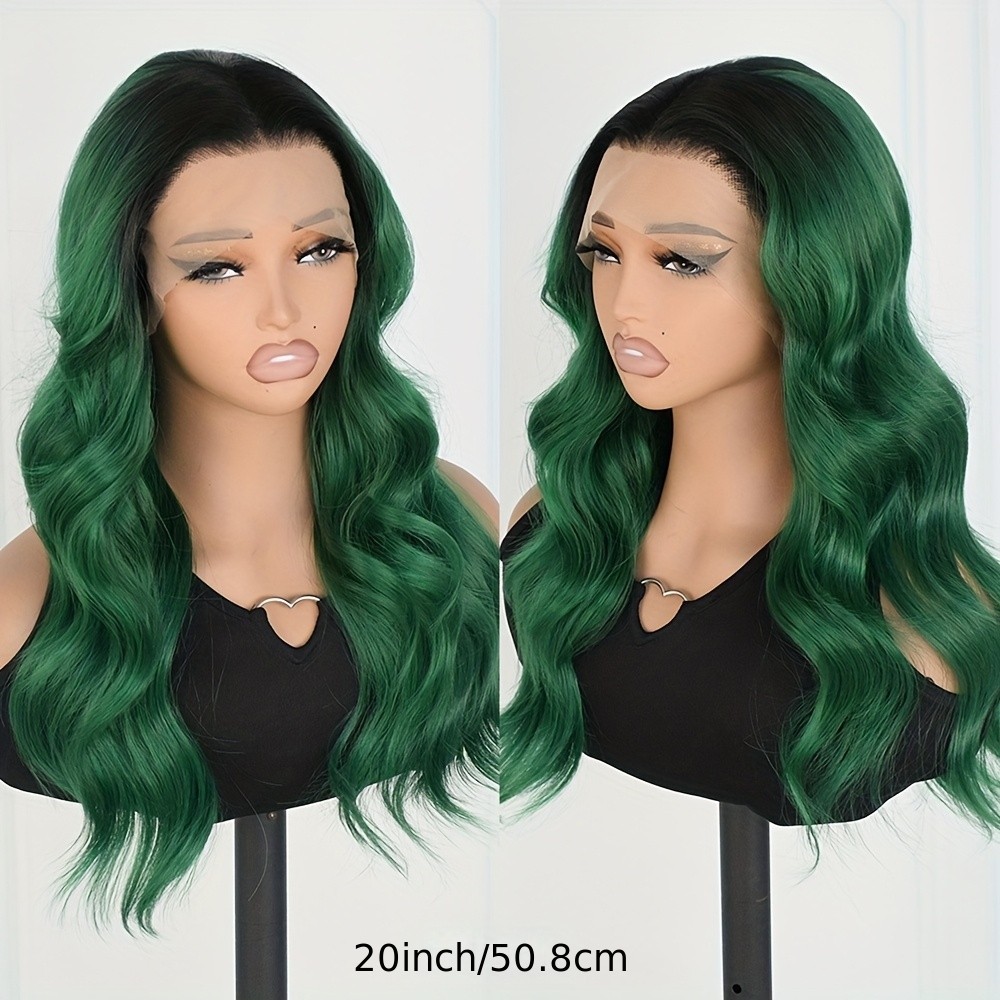 Dark Roots Ombre Green Color Wavy Synthetic Lace Front Wigs Pre Plucked Hairline