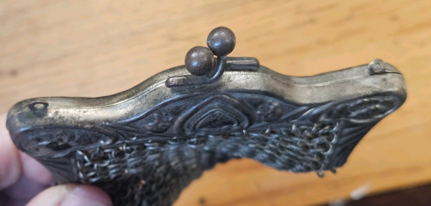 Vintage Ornate German Silver Numbered & Engraved Metal Mesh Purse Missing Chain