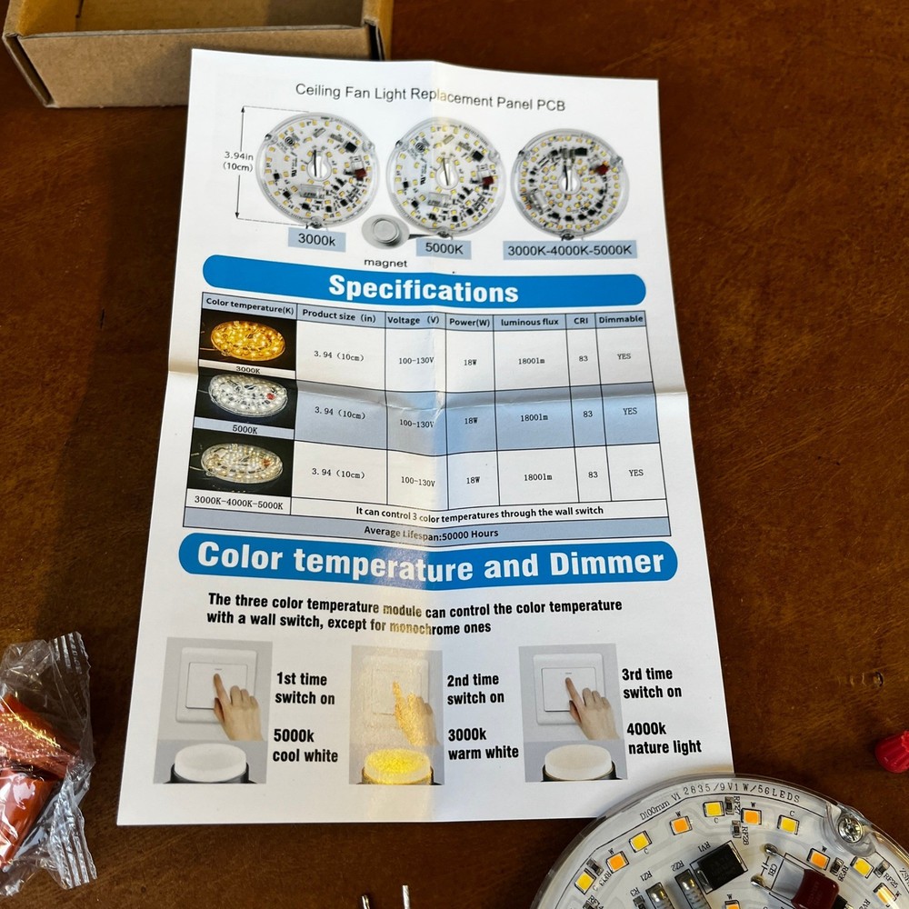 3.94" Ceiling Fan LED Light Replacement Panel PCB 18W, 3 CCT Adjustable Color