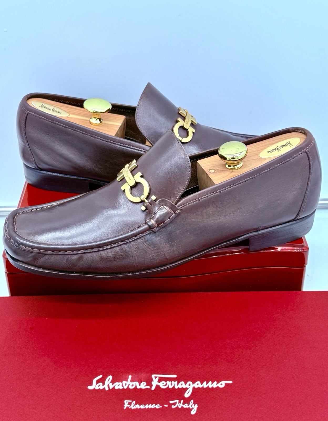 Ferragamo Mens Brown Loafers 12 Gold Gancini Horse Bit Leather Luxe Shoes Rare