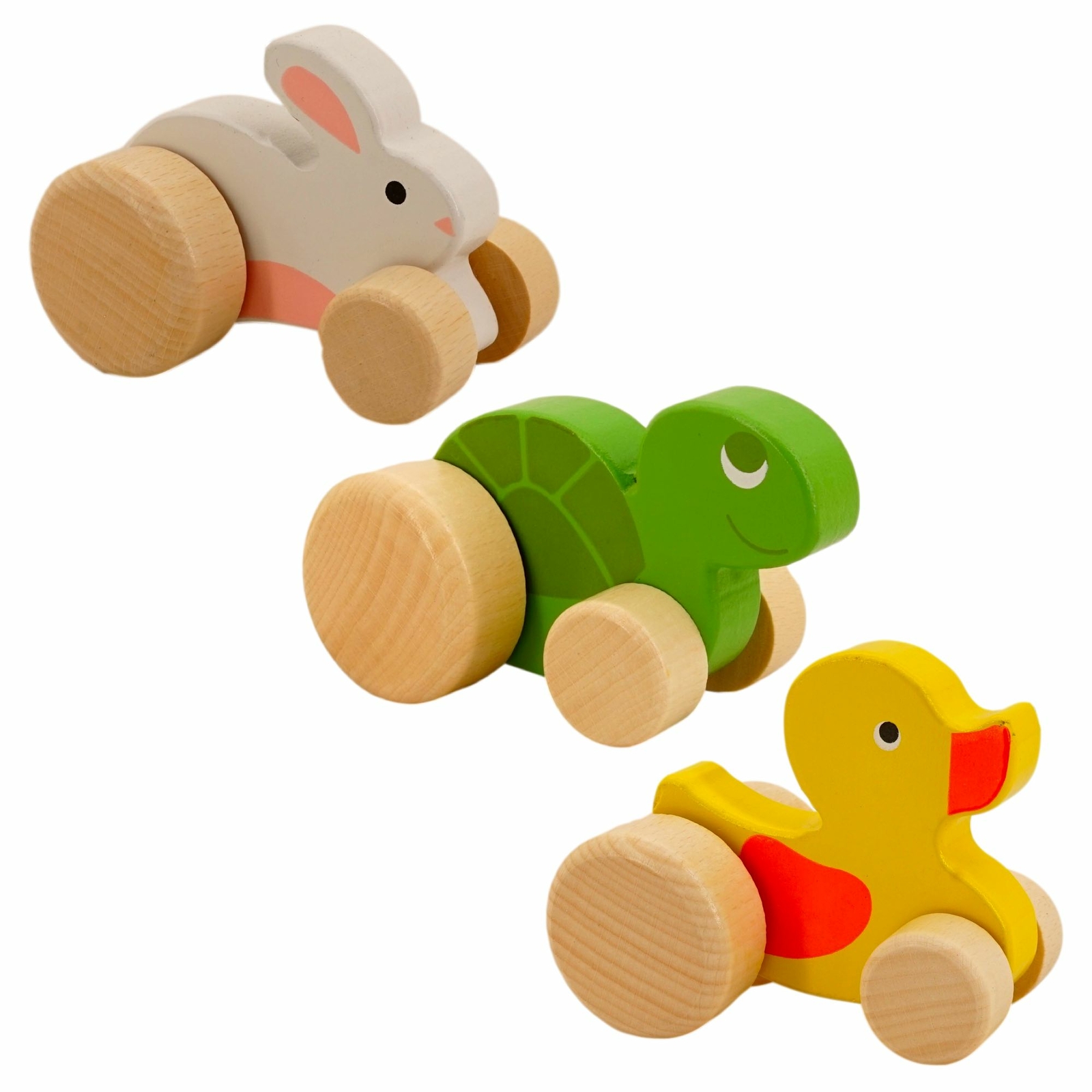 Wooden Push Pull Toys (3 Pack, Rabbit, Duck, Turtle, 4.5 in tall) Up Down