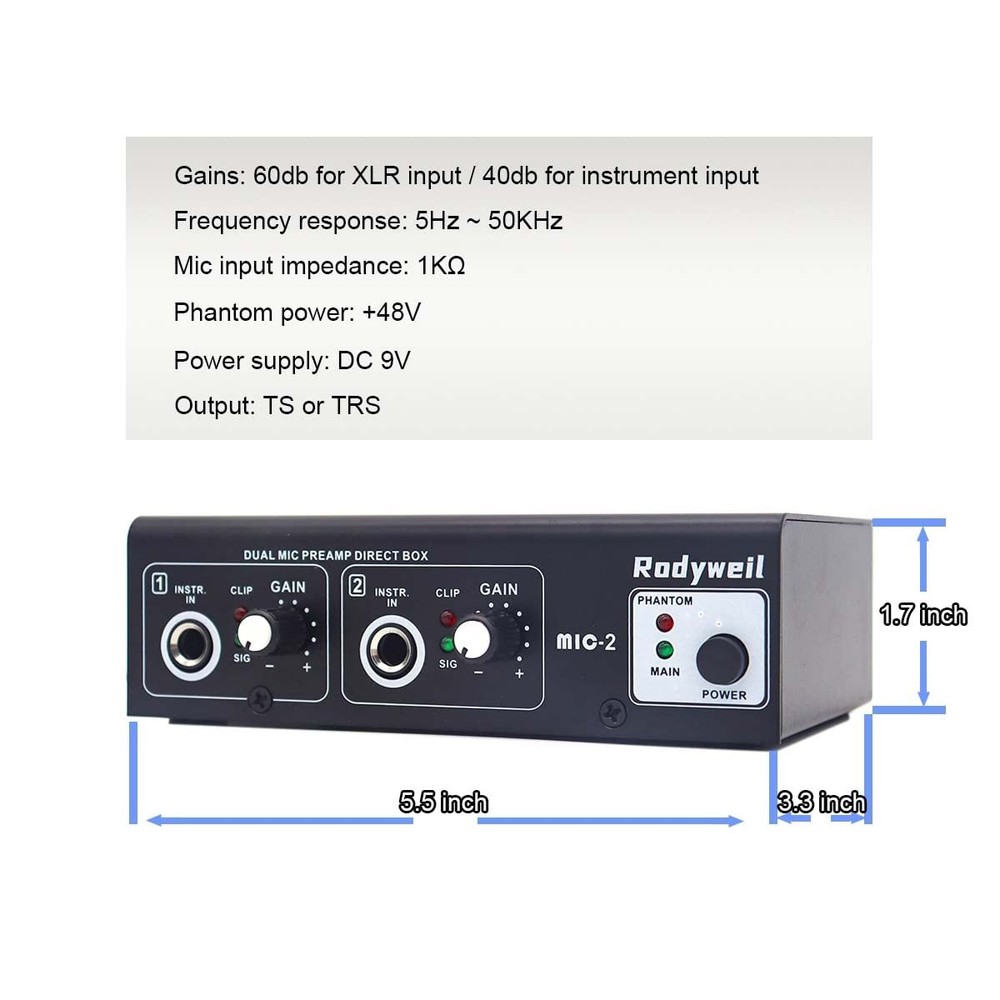 Microphone Preamp Mic Booster 4 Input Max 65db DI Box with 48V Phantom Power ...