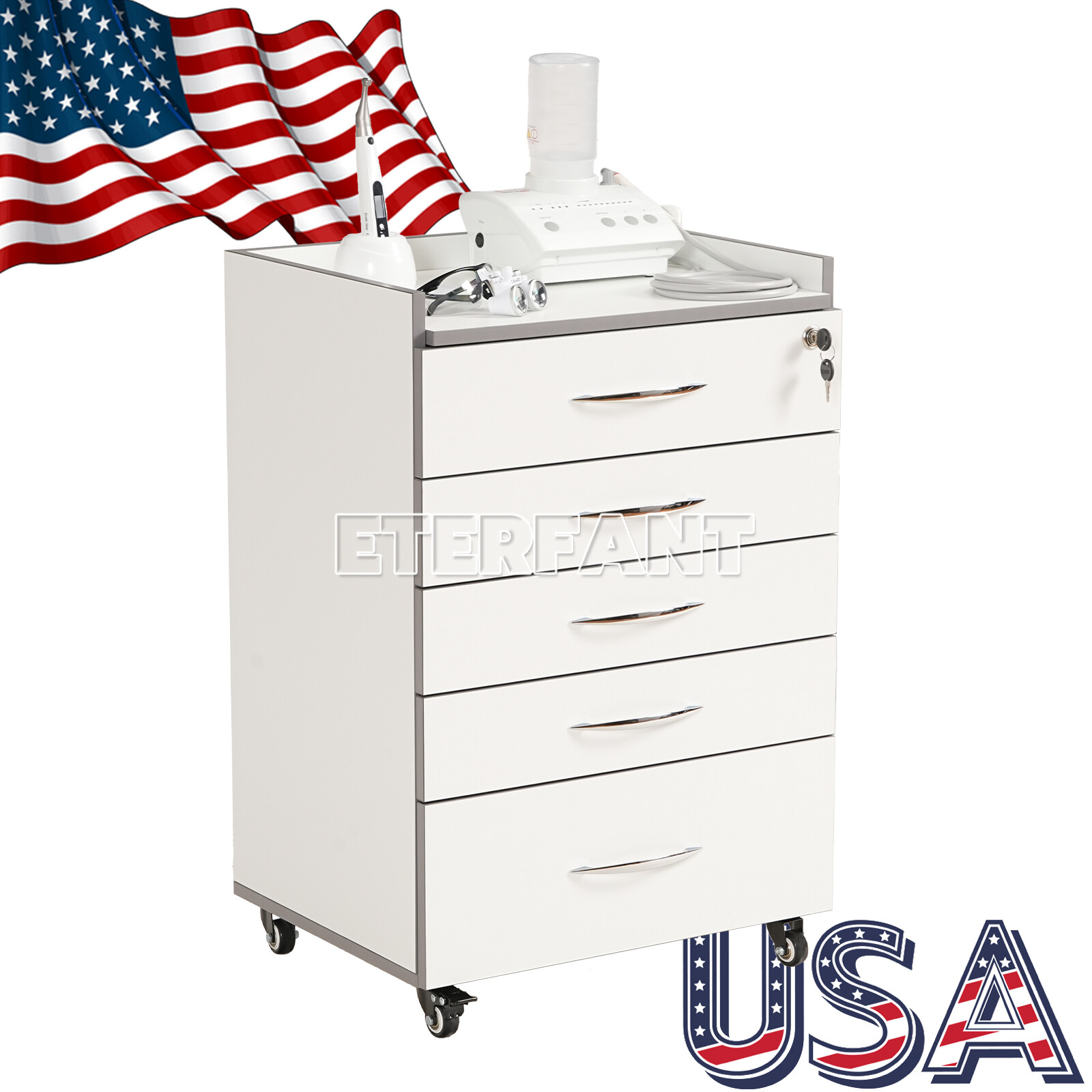 5 Drawers Dental Medical Trolley Cart Acrylic Mobile Wooden Cabinet Rolling Cart