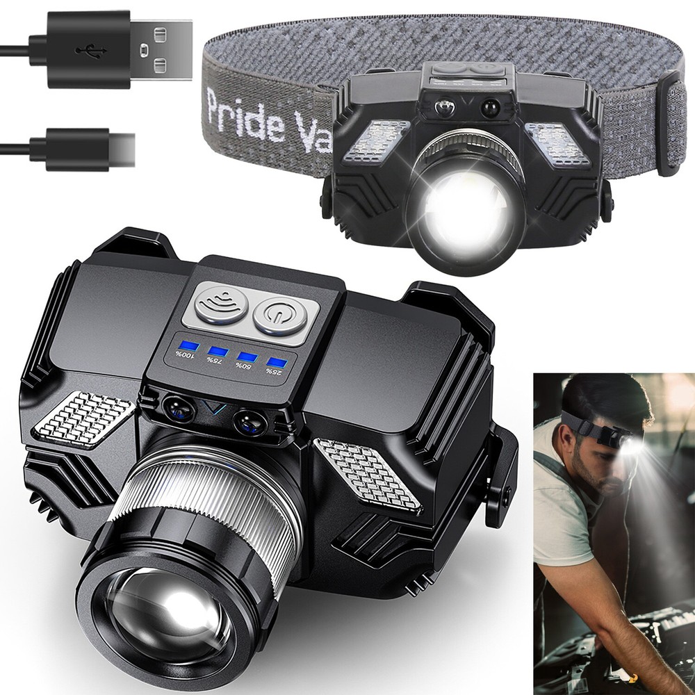 Zoomable Rechargeable LED Headlamp Outdoor Flashlight Headlight  Motion Sensor