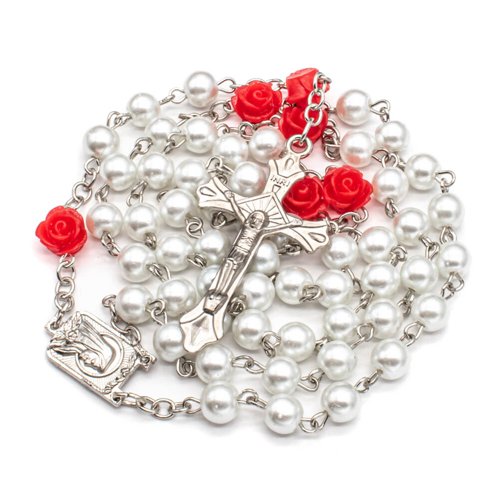 White Pearl Lourdes Rosary Necklace – 26" Length – Red Rose Beads