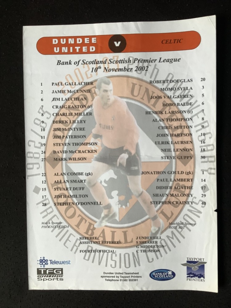 2002/3 Dundee Utd v Celtic November teamsheet